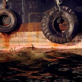 Ellen Spijkstra: '13', 2000 Color Photograph, Marine. Artist Description: Two car tires connected to a tug boat.Pink, orange, brown and black.Laminated with a clear, semi- matt, UV protection layer. ...