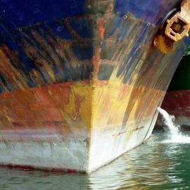Ellen Spijkstra: '28', 2001 Color Photograph, Marine. Artist Description: Bow of a tanker. Dark blue, yellow, orange, white. Green water.Laminated with a clear, semi- matt, UV protection layer. ...