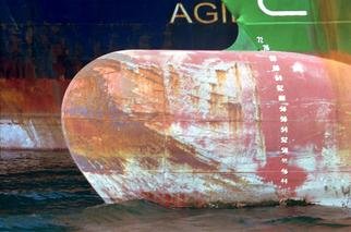 Ellen Spijkstra: '34', 2001 Color Photograph, Marine. The bow of a cargo ship in front of tanker. Rusty orange, bright green white and dark blue.Laminated with a clear, semi- matt UV protection layer. ...