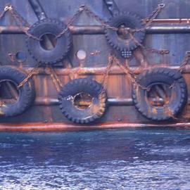 Ellen Spijkstra: '46', 2003 Color Photograph, Marine. Artist Description: 7 Tires chained to the side of a ship.Blue- grey and rusty colors.Laminated with a clear, semi- matt, UV protection layer. ...