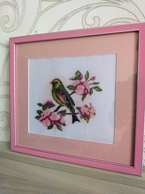 Tetiana Razumtseva: 'embroidered picture', 2018 Other, Birds. Embroidered picture. Used materials: canvas, muline, wooden frame, anti glare glass. ...
