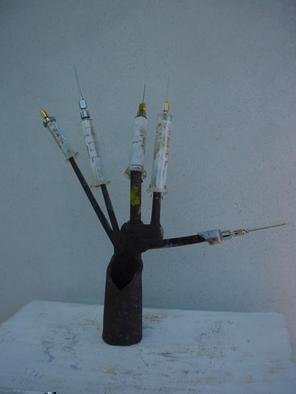 Emilio Merlina: 'thinking to the lost junkies', 2004 Mixed Media Sculpture, Inspirational. rusty iron and old glass syringes sculpture...