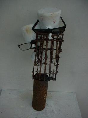 Emilio Merlina: 'we are watching you', 2004 Mixed Media Sculpture, Inspirational. rusty iron, old metallic teapots , old glasses and acrylic sculpture...