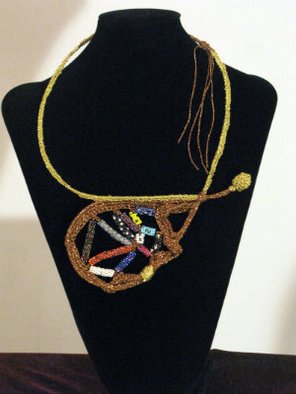 Tracey Hamilton: 'Statement necklace', 2014 Beads, Abstract.  This abstract one of a kind neck piece, is  composed of 2 mediums: fiber and Czech 3 cut seed beads.  The piece is strung upon guitar wire and bead work is peyote stitch.  Wire is decorated with crocheted with copper and gold colored metallic yarn ...