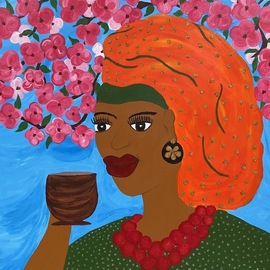Adrienne Lewis: 'afternoon tea', 2021 Acrylic Painting, Peace. Artist Description: Enjoying an a cup of tea in the afternoon is a great way to relax.  This colorful rendition of tea time brings vibrant colors to a relaxing atmosphere...