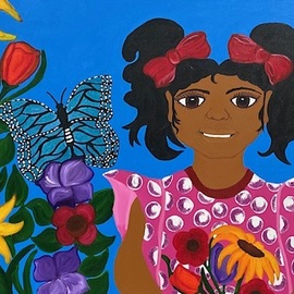 Adrienne Lewis: 'flower girl', 2021 Acrylic Painting, Children. Artist Description: This little lady is glad to share her flowers. This colorful piece is can brighten any room. ...