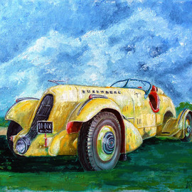 Nina Polunina: 'Duesenberg 1935', 2017 Oil Painting, Automotive. Artist Description: Oil paintingDuesenberg 1935from the seriesAuto retro.  Written in the author s technique.  Oil on stretched canvas.  The canvas is made by hand.  Natural flax is manually primed with natural materials.Many people love portraits.  Their own.  Aliens, people, animals.  And I like portraits of cars, ships, trains.  In ...