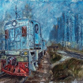 Nina Polunina: 'final stop', 2018 Oil Painting, Trains. Artist Description: Oil paintingDead Endfrom the seriesFinal Stop.  Written in the author s technique.  Oil on stretched canvas.  The canvas is made by hand.  Natural flax is manually primed with natural materials.Many people love portraits.  Their own.  Aliens, people, animals.  And I like portraits of cars, ships, trains.  In ...