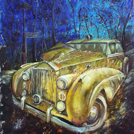 Nina Polunina: 'yellow retro', 2017 Oil Painting, Automotive. Artist Description: Oil paintingYellow retrofrom the seriesAuto retro.  Written in the author s technique.  Oil on stretched canvas.  The canvas is made by hand.  Natural flax is manually primed with natural materialsMany people love portraits.  Their own.  Aliens, people, animals.  And I like portraits of cars, ships, trains.  In ...
