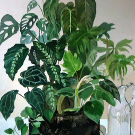 Maria Teresa Fernandes: 'Deguirmendjian  Collection', 1981 Oil Painting, Botanical. Artist Description:  plans and dimensions in green hues against a clean background is a challenge ( this painting won Great Silver Medal at UNAP ) ...