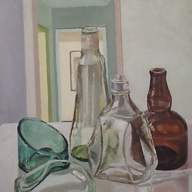 Maria Teresa Fernandes: 'M Zelia Collection', 1973 Oil Painting, Technology. Artist Description:  not happy with one difficulty the artistuses several bottles to increase skillsneedes for the work   glass against a clear background is a big challenge to any painter                            ...