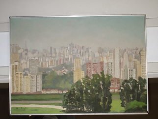 Maria Teresa Fernandes: 'Morumbi view', 1974 Oil Painting, Trains. Artist Description:  working with various plans is always a defiant bask ( track is between river and the skyscrapers ) ...