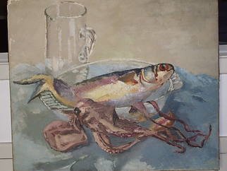 Maria Teresa Fernandes: 'Octopus and fish', 1968 Oil Painting, Fish.  marine beeings reflections are difficult to paint ...