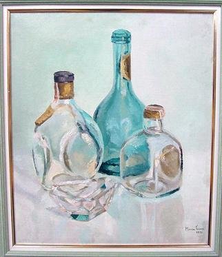 Maria Teresa Fernandes: 'S Bernardo do Campo Council', 1971 Oil Painting, Optical. Artist Description: bottle behind glass gives excelent refraction studies but are very difficult on a very clear background ( this painting won a Silver Medal plus Acquisition Award at S Bernardon do Campo City Council )...