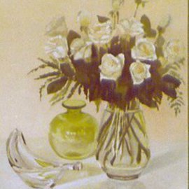 Maria Teresa Fernandes: ' vessel and roses', 1977 Oil Painting, Figurative. Artist Description: on a clear background transparents jump as also each petal with dimensions...