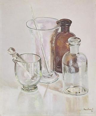 Maria Teresa Fernandes: 'chemistry and brown', 1970 Oil Painting, Education.   painter raised in dad's drugstore lab among glasses and bottles ( this painting has a bronze medal at the important SPBA( Salao Paulista)   glass against a clear background is a big challenge to any painter                   ...