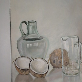 Maria Teresa Fernandes: 'coconuts and amphora', 1980 Oil Painting, Food. Artist Description:  cavities in white coconuts plus volume in convex transparent glass seem impossible, but worth trying ( small graze at right ) ...