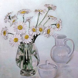 Maria Teresa Fernandes: 'daisies', 1978 Oil Painting, Love. Artist Description:  every delicate petal is different, in hues, shapes, nuances, focus, never a rubber stamp painting. Requires much love to paint ...