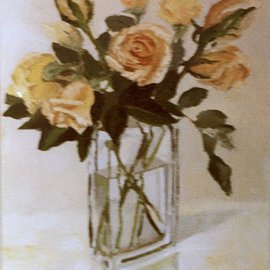 Maria Teresa Fernandes: 'few roses', 1982 Oil Painting, Romance. Artist Description: delicate balance enhances the transparent vase...