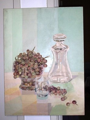 Maria Teresa Fernandes: 'grapes in a bowl', 1980 Oil Painting, Food.  green hues are subtle with emphasis ontransparent glass ( a very small hole at upper left easily covered by frame ) ...