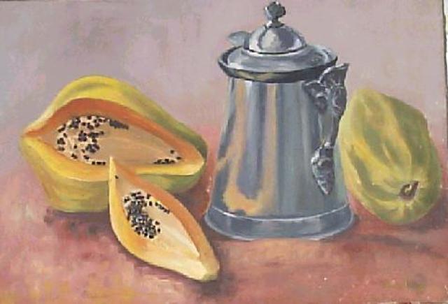 Artist Maria Teresa Fernandes. 'Papaya And Coffee Pot' Artwork Image, Created in 1967, Original Drawing Pencil. #art #artist