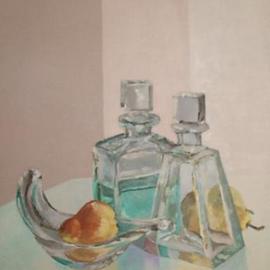 Maria Teresa Fernandes: 'pear with glass', 1975 Oil Painting, Food. Artist Description:  thick glass has a world of possibilities, and effort( this painting won honoured mention at ABD- ABI press association show   glass against a clear background is a big challenge to any painter                       ...