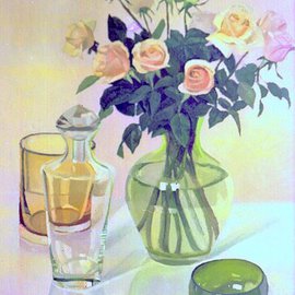 Maria Teresa Fernandes: 'surrounded roses', 1982 Oil Painting, Floral. Artist Description: different refractions and convex shapes are a barrier on a clear background for any artist...
