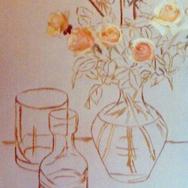Maria Teresa Fernandes: 'surrounded roses making of', 1982 Oil Painting, Floral. Artist Description: initial draft was modified by the artist...