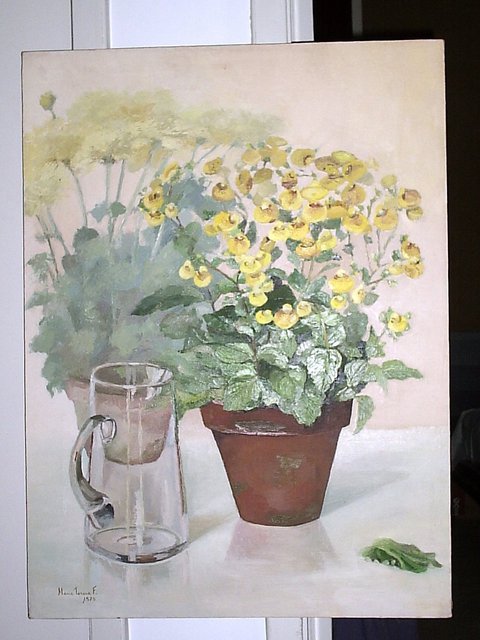 Artist Maria Teresa Fernandes. 'Yellow Flowers And Jar' Artwork Image, Created in 1979, Original Drawing Pencil. #art #artist