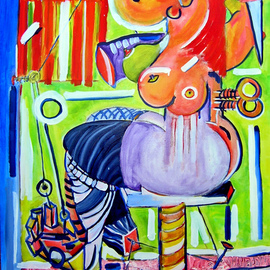 Eric Henty: 'A Woman Freed', 2008 Oil Painting, Abstract Figurative. Artist Description:  This brightly colored cubist artwork reveals a woman trying to cut the bonds that are keeping her captive. Colorful, bold, composition, and conversation piece  ...