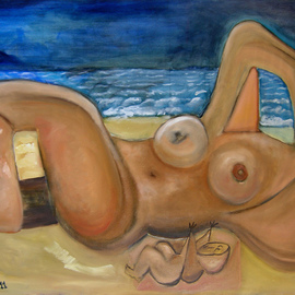 Eric Henty: 'Nude Woman On The Beach With Her Infant Listening To The Sound Of The Waves ', 2011 Oil Painting, Abstract Figurative. Artist Description:  A surrealistic work featuring a large monumental sculptural nude figure of a woman with arms draped behind her head in a relaxing manner. A window to the ocean and sky appears where a face would be expected adding interest to this piece.     ...