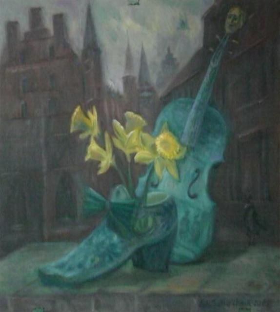 Edward Tabachnik  'Shoe Blue Violin With Artist Head', created in 2007, Original Painting Oil.