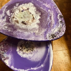 Elizabeth Ansel: 'amethyst geode tables', 2020 Mixed Media Sculpture, Psychedelic. Artist Description: This amethyst resin table set is designed to resemble an amethyst geode. The larger table includes genuine quartz and amethyst crystals. The larger table is 18 inches with one inch thick surface on wood legs and the smaller s 15 inches. Sturdy, versatile, pretty and easy. These tables ...