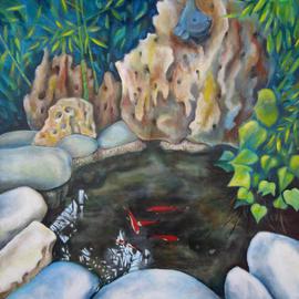 Evangelos Tzavaras: 'Life in the goldfish pond', 2014 Acrylic Painting, Landscape. Artist Description:  Before two years i built a small goldfish pond in my backyard. The noice of the water, the bamboo trees, the beautifull colors of the goldfishes and the leaves around the pond provide a very relaxing environment in the middle of the city. Then i thought that i ...