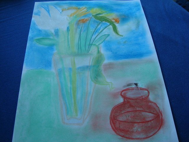 Evelyne Ketterlin  'Flowers And Red Oillamp', created in 2012, Original Paper.