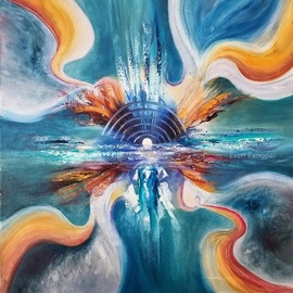 Even Pangpai: 'sunrise at sea by even pangpai', 2018 Oil Painting, Abstract Landscape. Artist Description: A burst of energy and warmth comes from the sun at the center. The burst is swirling and expanding all the way to the edge. The rings around the sun above the sea surface and the rising vertical strokes below it make the sunrise more interesting and well- ...