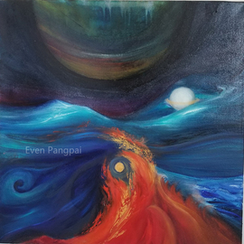 Even Pangpai: 'the universe by even pangpai', 2018 Oil Painting, Abstract Landscape. Artist Description: A golden star is born in the fire, spinning and rising, while against the distant dark sky is the biggest star. Between them is an ocean with swirls and icy colors. A lonely white star with gold ring is floating on it quietly. The universe is in a ...