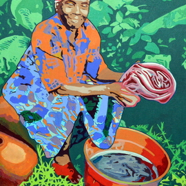 Evon Johnson: 'washerwoman', 2014 Acrylic Painting, Culture. Artist Description: This painting is a representation of how people in certain parts of the world do their laundry. ...