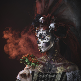 Sergii Zarev: 'santa muerte girl', 2018 Color Photograph, Portrait. Artist Description: Santa Muerte Young Girl with Artistic Halloween Makeup and with Sculls in her Hair...