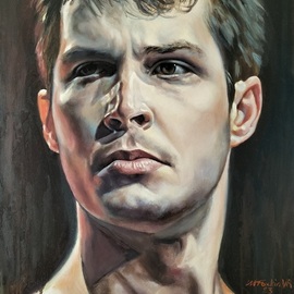 Manuela Facchin Varalda: 'Stefano hommage to B Valeriano', 2023 Oil Painting, Portrait. Artist Description: Stefano as Banquo, hommage to Bruno Valeriano from Shakesperare tragedy.  this is my first work on the world of theater.  I d like to describe here the motions of the soul and their appearance and life like a play...