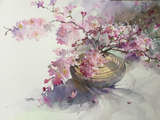Faiqa Uppal  'Blossoms In Vase', created in 2017, Original Watercolor.