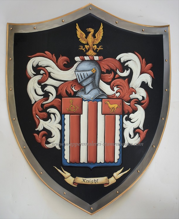 Gerhard Mounet Lipp: 'Coat of Arms metal knight shield', 2019 Acrylic Painting, Home. Your family crest medieval knight shield.  This knight shield is constructed of 18 gauge steel and measures 19 x 24 inch.  Back has handle or chain.For a high quality heraldic artwork each shield is hand painted with attention to detailsBattle shield - Shield can be used for tournaments or ...