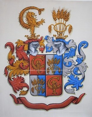 Gerhard Mounet Lipp: 'Custom wedding coat of arms painting', 2019 Acrylic Painting, Home. Wedding Family Crest, alliance coat of armswatercolor paper - Each crest is individually designed, with intricate details, personalized to reflect your family history.  Our featured crest is 16 x 20 inch and painted on watercolor paper.  Every coat of arms and family crest ishand painted, they are not mass produced.  The ...