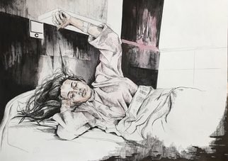 Fatemeh Khandan: 'untitled', 2017 Ink Drawing, Expressionism. Drawing , Ink , Pencil , Expressionism , Health   Beauty , People , Women , sickness , woman , hospital...