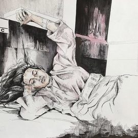 Fatemeh Khandan: 'untitled', 2017 Ink Drawing, Expressionism. Artist Description: Drawing , Ink , Pencil , Expressionism , Health   Beauty , People , Women , sickness , woman , hospital...