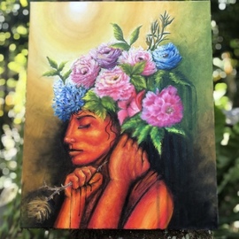 Fenyl Isis Guigayoma: 'mental health awareness', 2021 Oil Painting, Expressionism. Artist Description: I painted this to convey a clear message to viewers while also creating a visually appealing and vivid piece to be admired. The painting s subject portrays humanity s biggest adversary. The vibrant bouquet over the head represents our thoughts: distinctive, one- of- a- kind, dark, and brilliant. ...