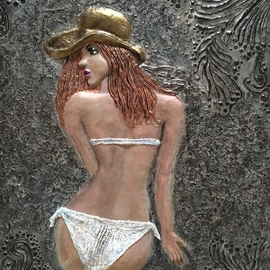 Maria Karlosak: 'sunbathing', 2019 Clay Sculpture, Figurative. Artist Description: Original art made by my hand. Clay relief on canvas, very special unique art , builded right on canvas ...