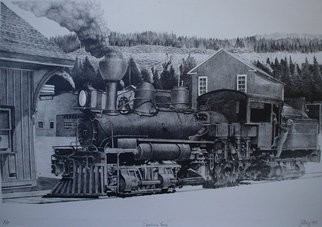 Bob Filbey: 'Spanking Fury', 1989 Lithograph, Trains.  Blue Lake Depot lumber # 7 locomotive steam engine    ...