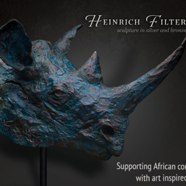 Heinrich Filter: 'Black Rhino bust in bronze', 2023 Bronze Sculpture, Wildlife. Artist Description: Black Rhino Bust in Bronze Verdigris, Limited Edition of 12, bronze sculpture on Sandstone base.The first time I was sculpting in the field, all I saw oft this magnificent Black Rhino was its head sticking out from behind the bush.  The rhinos horn evolved as a defensive ...