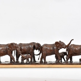 Heinrich Filter: 'elephant herd in bronze', 2023 Bronze Sculpture, Wildlife. Artist Description: Elephant Herd in bronze, Limited Edition of 10, bronze sculpture on sandstone baseSmall elephant herd of 4 cows and two claves.Inspired by many years in the bush spent in close study of my Africa s magnificent wildlife, my sculpture endeavours to pay tribute to Africa s ...